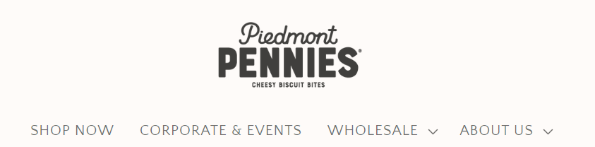 Piedmont Pennies Cheesy Biscuit Bites Logo and website header